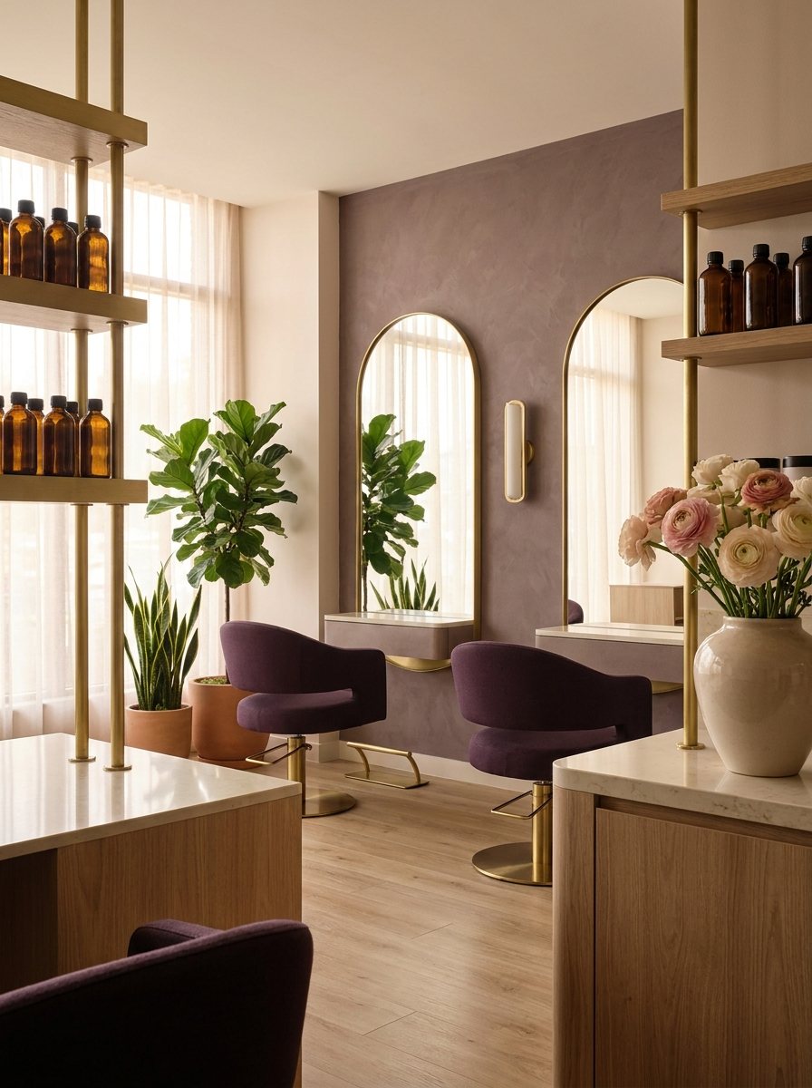 Lichte kapsalon met aubergine stoelen, ronde spiegels met messing rand en verse bloemen op de toonbank